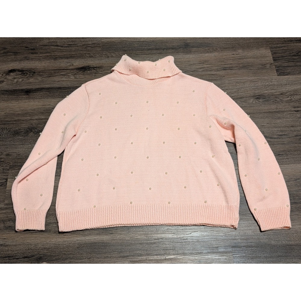 VTG Saks‎ Fifth Ave Folio Collection Pink Pearl Embellished Turtleneck Sweater L